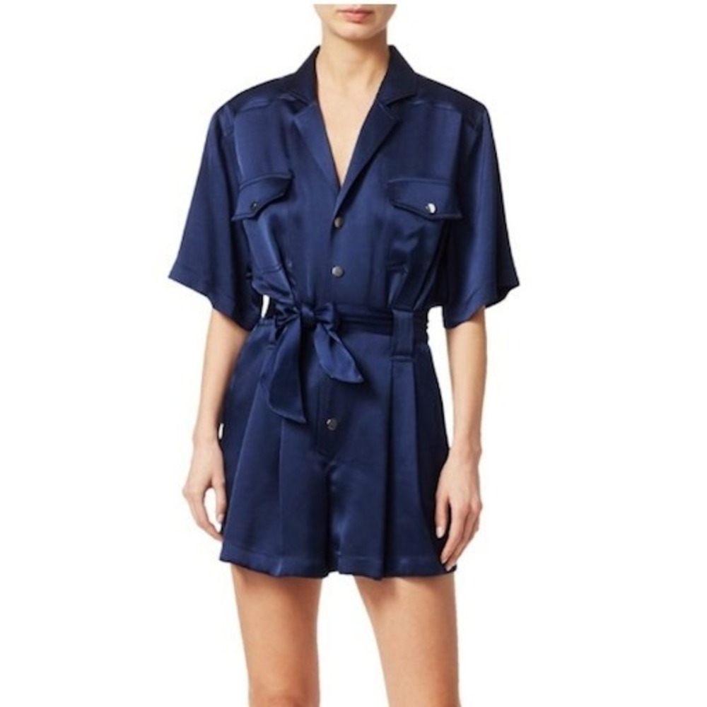 Carolina Ritzler Helene Romper Womens 36 Navy Blue Satin Short Sleeve Button Up